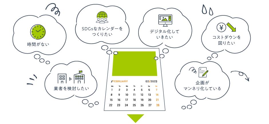 SDGsなカレンダーをつくりたい｜デジタル化していきたい｜時間がない｜業社を検討したい｜企画がマンネリ化している｜コストダウンを図りたい